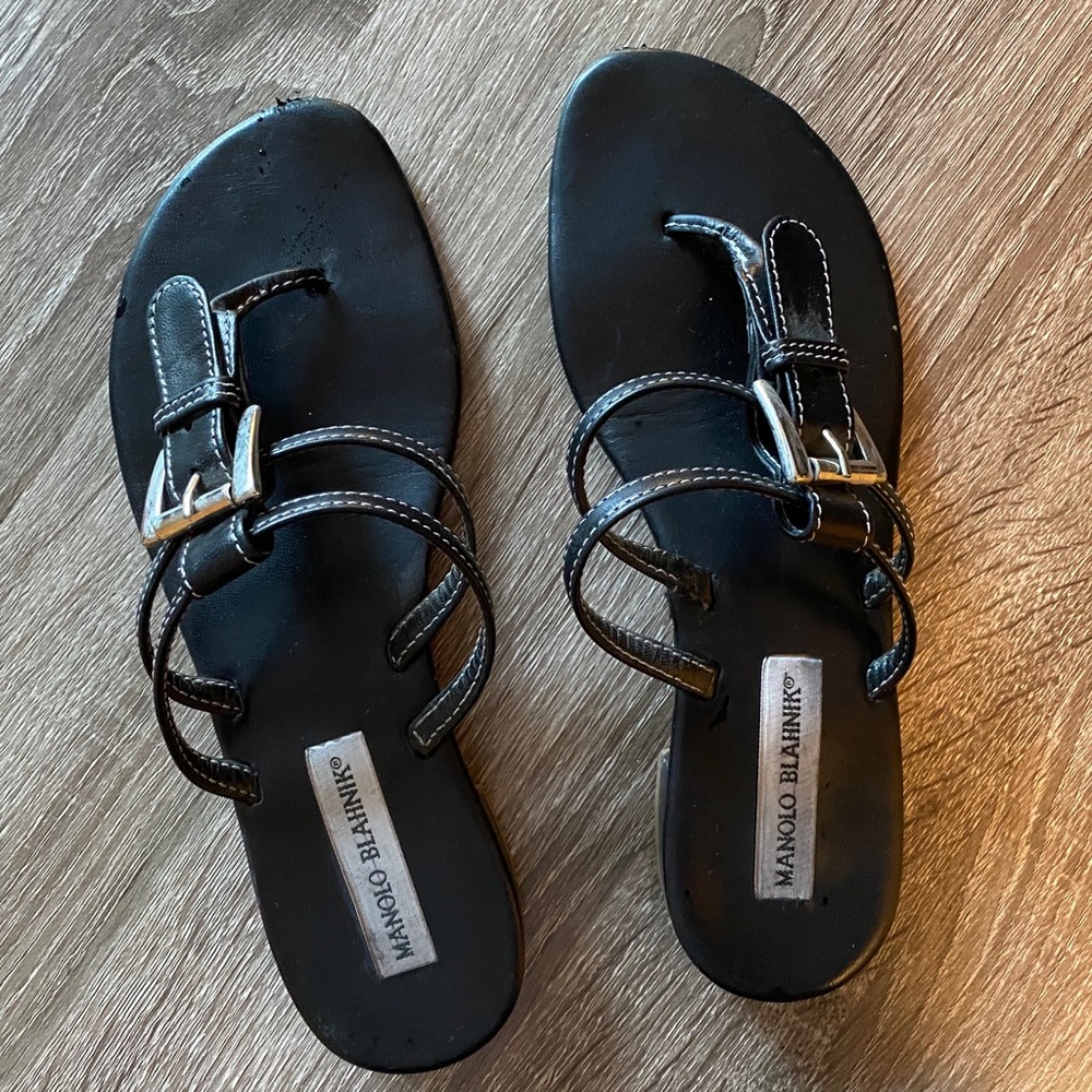 Manolo Blahnik Flat Black Sandals w/ Silver Buckle